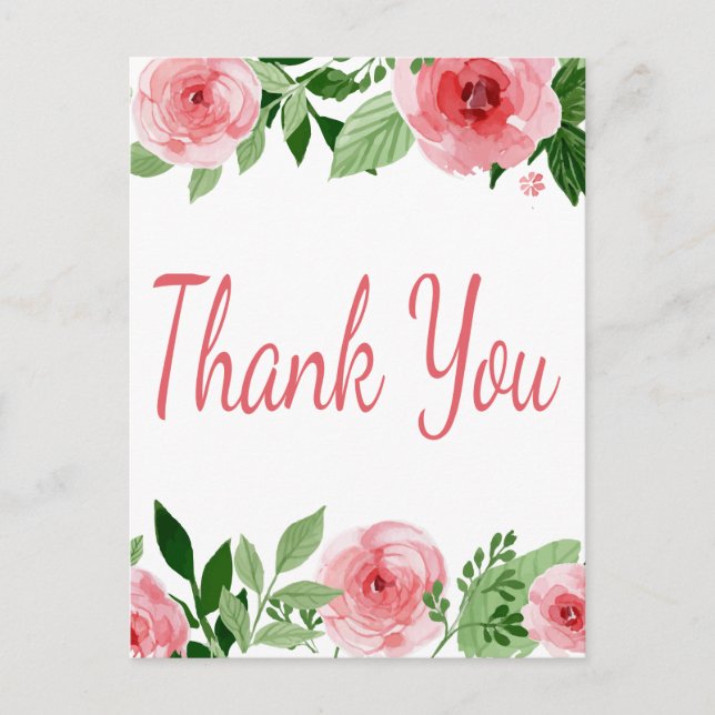 Watercolor Pink Rose Floral Thank You Postcard (Front)
