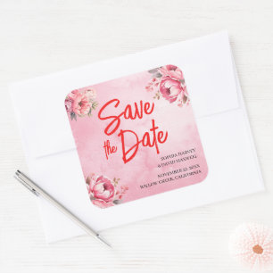 Watercolor Pink Rose Flower Calligraphy Wedding Square Sticker