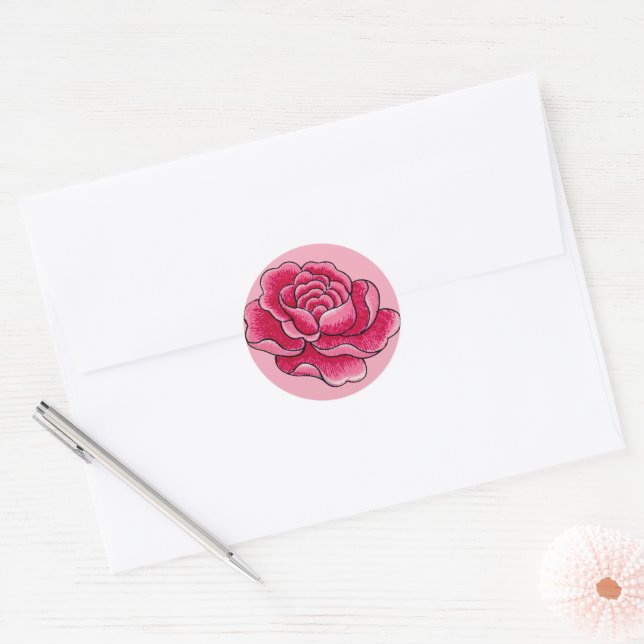 Watercolor Pink Rose Flower Classic Round Sticker (Envelope)
