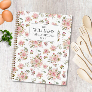 Watercolor Pink Rose Flowers Floral Family Recipe Notebook