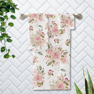 Watercolor Pink Rose Flowers Floral Pattern Bath Towel Set