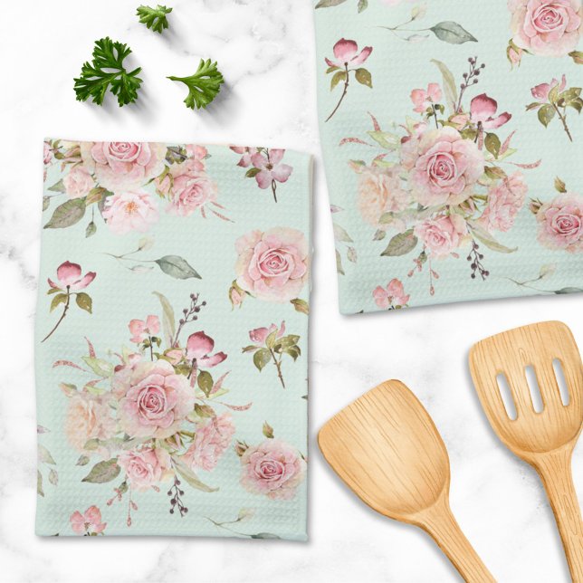 Watercolor Pink Rose Flowers Floral Pattern Tea Towel (In situ)