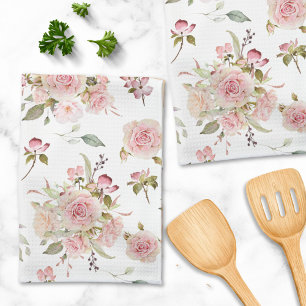 Watercolor Pink Rose Flowers Floral Pattern Tea Towel