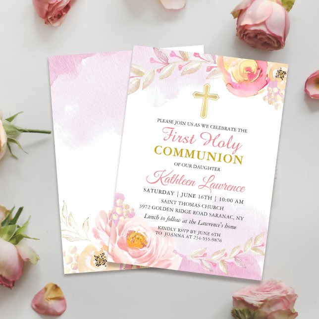 Watercolor Pink Rose Garden First Holy Communion Invitation (Creator Uploaded)