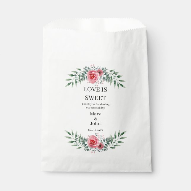 Watercolor Pink Rose Greenery Foliage Favour Bags (Front)