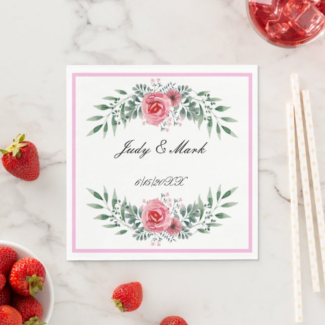 Watercolor Pink Rose Greenery Foliage Napkin (Insitu)