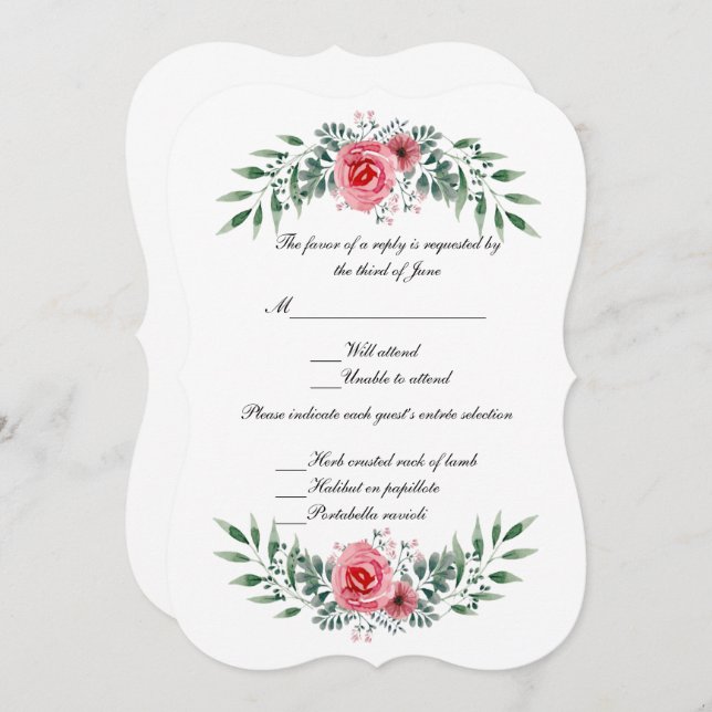 Watercolor Pink Rose Greenery Foliage RSVP Card (Front/Back)