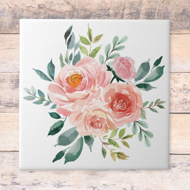 Watercolor Pink Rose Peony Flower Bouquet Tile (Close up)