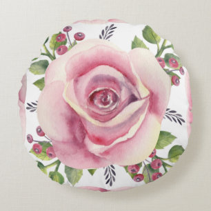 Watercolor Pink Rose Print Round Pillow