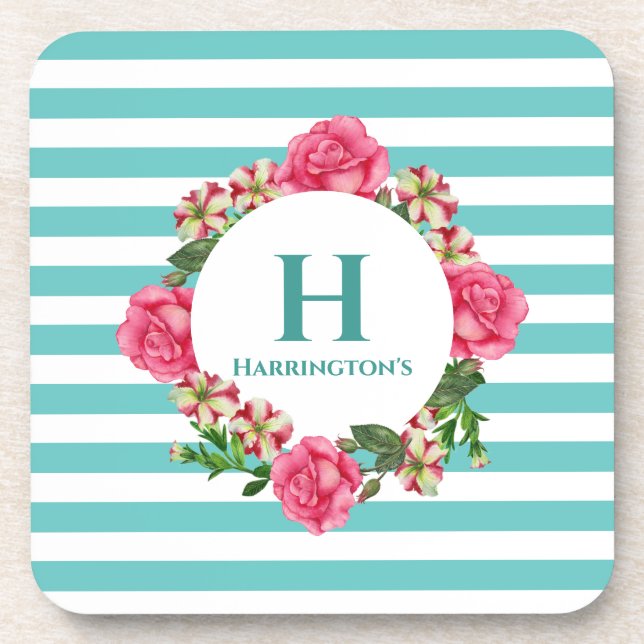 Watercolor Pink Rose Red White Petunias Monogram Coaster (Front)