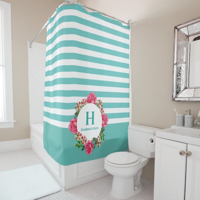 Watercolor Pink Rose Red White Petunias Monogram Shower Curtain (In Situ)