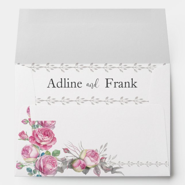 Watercolor Pink Rose Wedding Envelope (Back (Bottom))