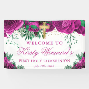 Watercolor Pink Roses 1st Holy Communion Banner