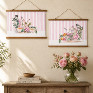 Watercolor Pink Roses Afternoon Tea for Bird Lover Hanging Tapestry