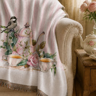 Watercolor Pink Roses Afternoon Tea for Two Throw Blanket