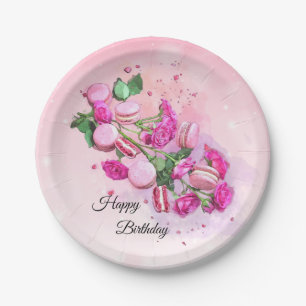 Watercolor Pink Roses and French Macarons Birthday Paper Plate
