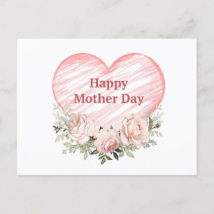 Watercolor Pink Roses and Heart Mother's Day Holiday Postcard