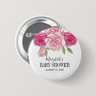 Watercolor Pink Roses Baby Shower Pinback Button