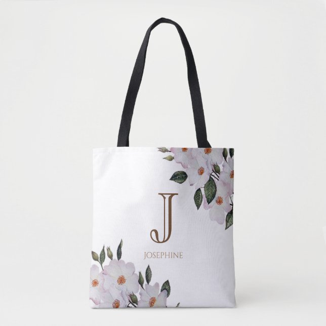 Watercolor Pink Roses Ballerina Floral Monogram Tote Bag (Front)