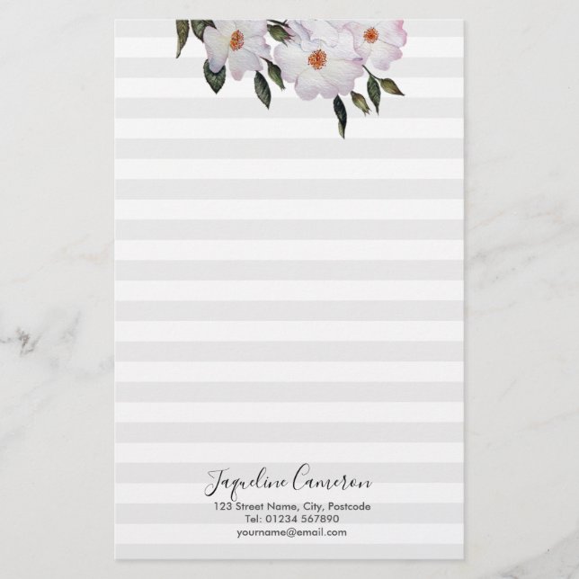 Watercolor Pink Roses Ballerina Illustration Stationery (Front)