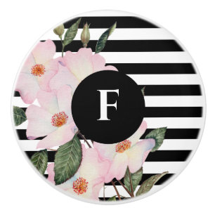 Watercolor Pink Roses Ballerina Monogram Stripes Ceramic Knob