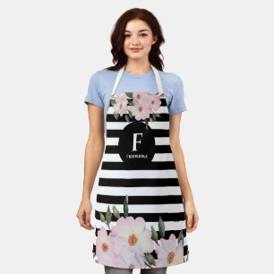 Watercolor Pink Roses Ballerina Monogram Stripes M Apron