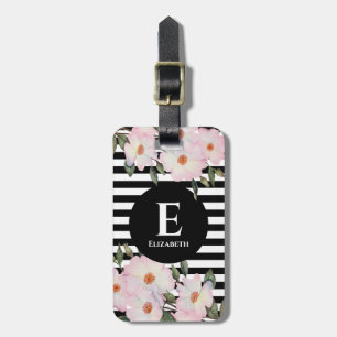 Watercolor Pink Roses Ballerina Stripes Monogram Luggage Tag