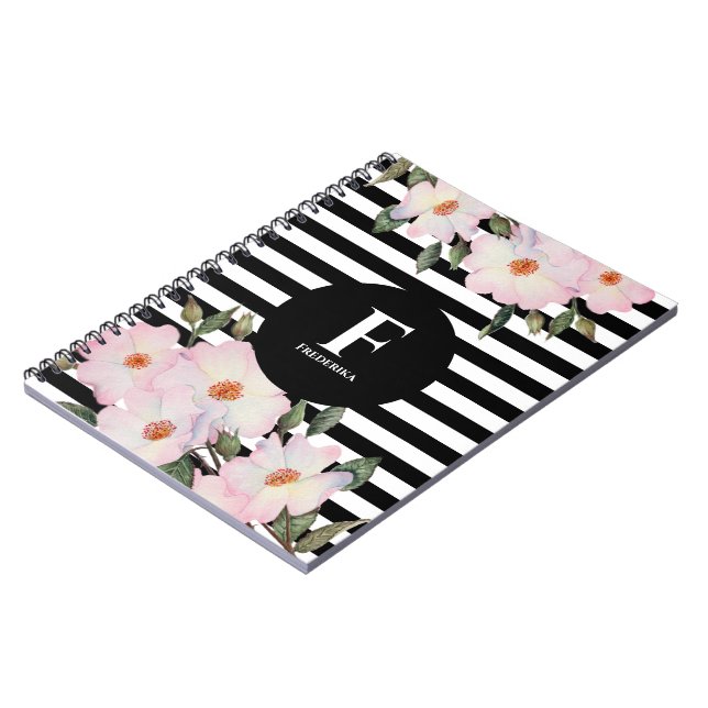 Watercolor Pink Roses Ballerina Stripes Monogram Notebook (Left Side)