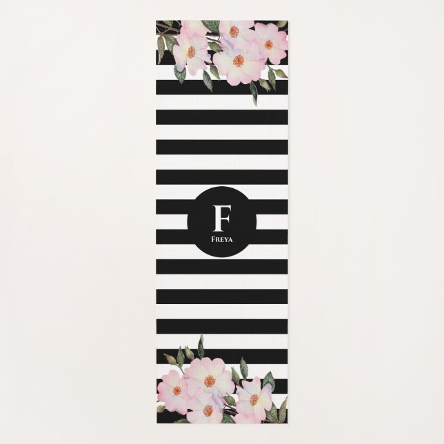 Watercolor Pink Roses Ballerina Stripes Monogram Yoga Mat (Front)