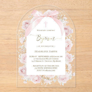 watercolor pink roses Baptism Acrylic Invitations