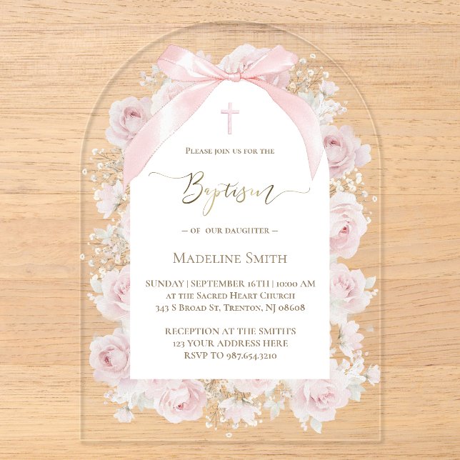 watercolor pink roses Baptism Acrylic Invitations (Front)