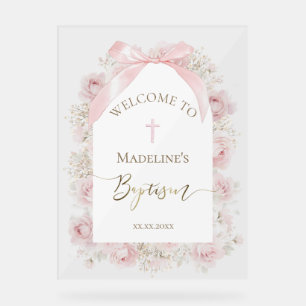 watercolor pink roses Baptism Acrylic Sign
