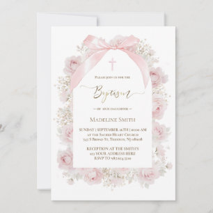 watercolor pink roses Baptism Invitation