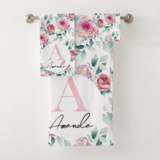 Watercolor pink roses. bath towel set