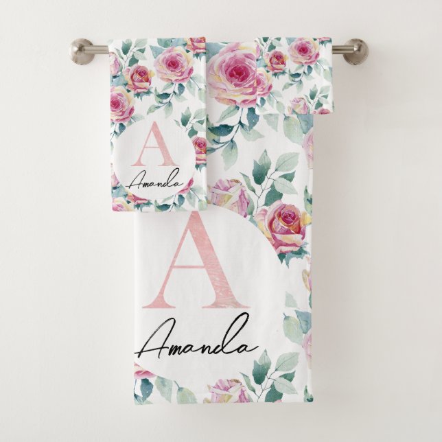 Watercolor pink roses.  bath towel set (Insitu)