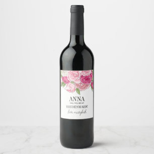Watercolor Pink Roses Be My Bridesmaid Wine Label