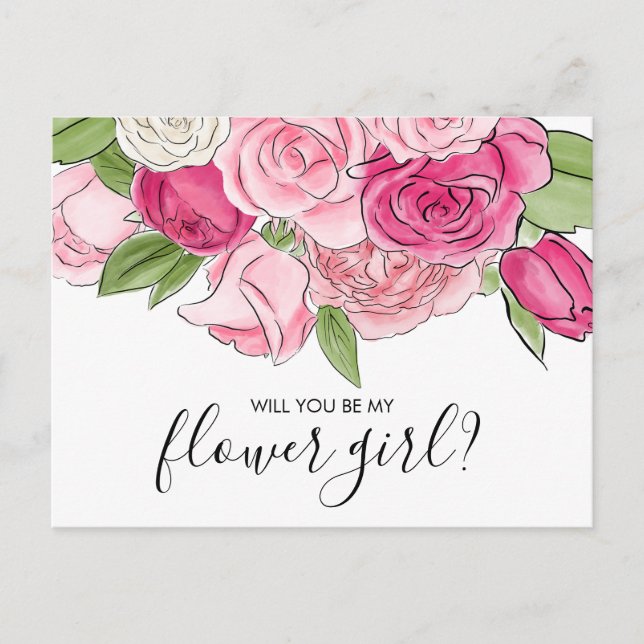 Watercolor Pink Roses Be My Flower Girl Postcard (Front)