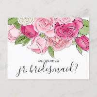 Watercolor Pink Roses Be My Jr Bridesmaid Postcard
