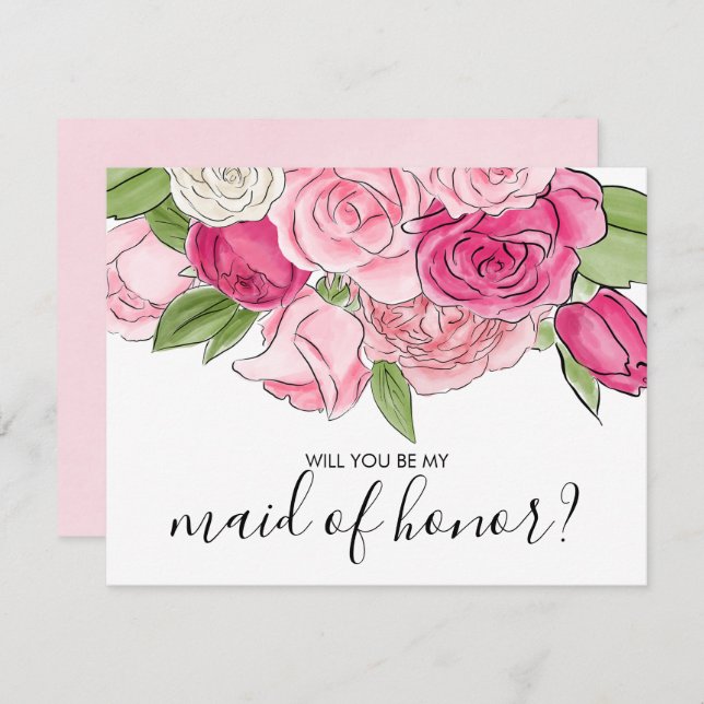 Watercolor Pink Roses Be My Maid Of Honour Card (Front/Back)