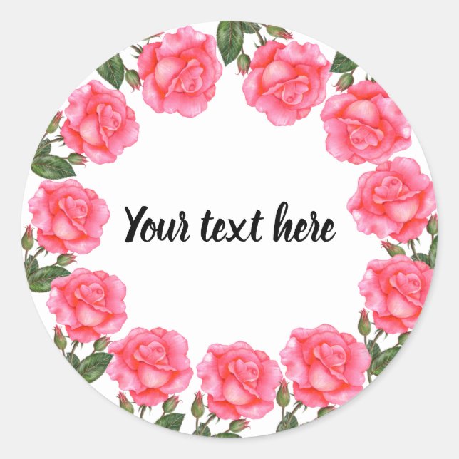 Watercolor Pink Roses Botanical Illustration Classic Round Sticker (Front)