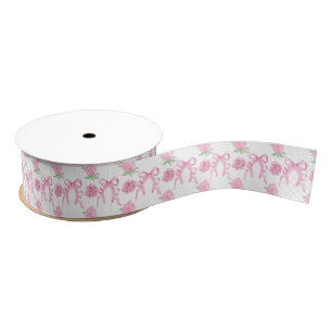 Watercolor Pink Roses & Bows Grosgrain Ribbon