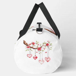 Watercolor Pink Roses Branch With Hanging Hearts Duffle Bag