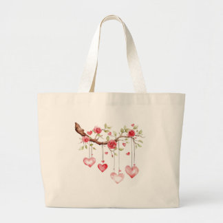 Watercolor Pink Roses Branch With Hanging Hearts Large Tote Bag