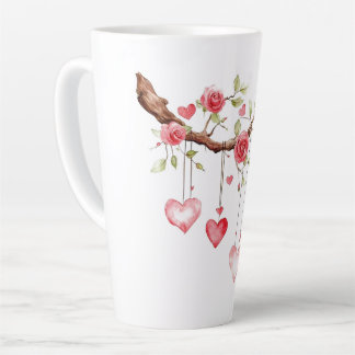 Watercolor Pink Roses Branch With Hanging Hearts Latte Mug