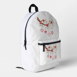 Watercolor Pink Roses Branch With Hanging Hearts Printed Backpack