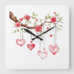 Watercolor Pink Roses Branch With Hanging Hearts Square Wall Clock