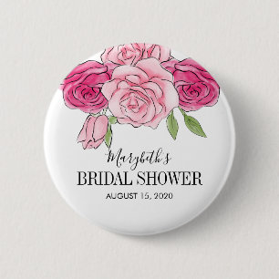 Watercolor Pink Roses Bridal Shower Pinback Button