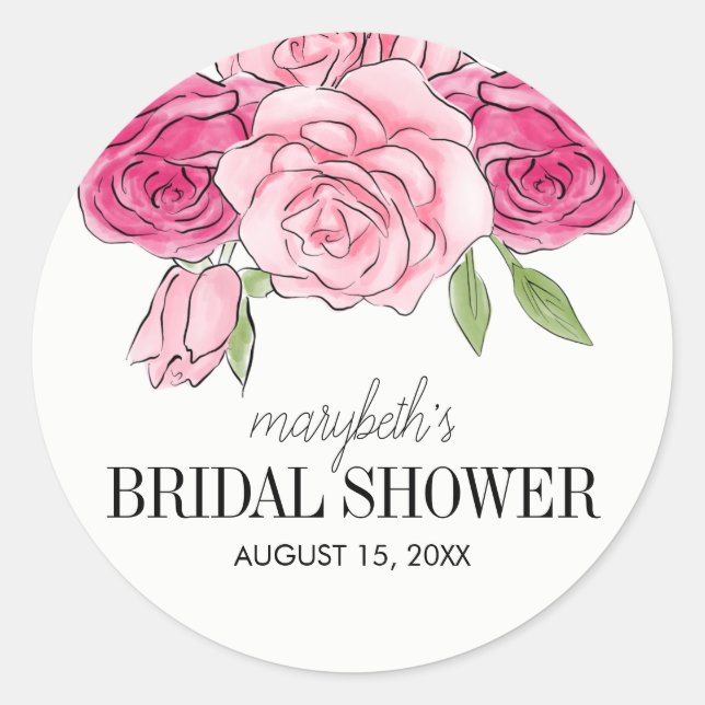 Watercolor Pink Roses Bridal Shower Sticker (Front)