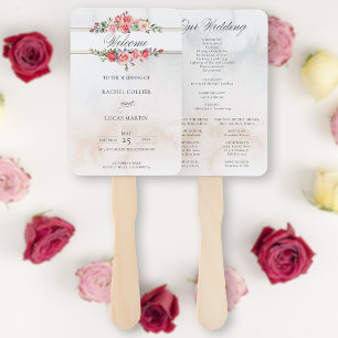 Watercolor Pink Roses & Calligraphy Program Hand Fan