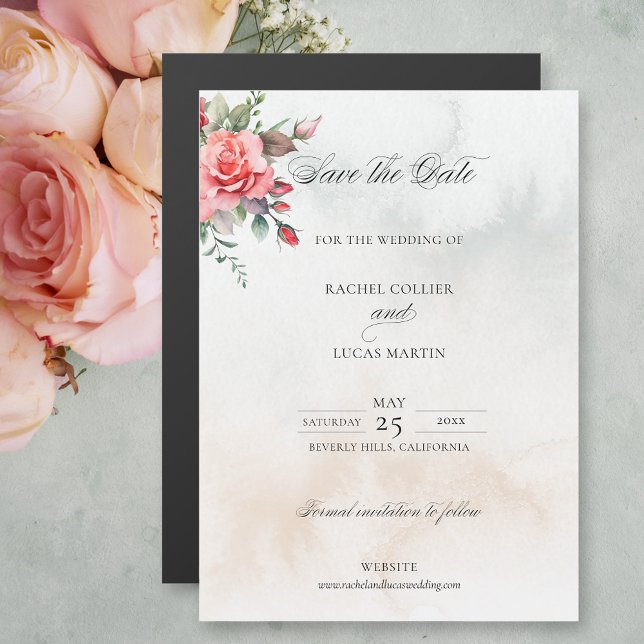 Watercolor Pink Roses & Calligraphy Save the Date Magnetic Invitation (Creator Uploaded)